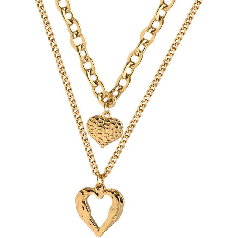 Stainless Steel Multi-Layer Chain Heart Pendants Necklace