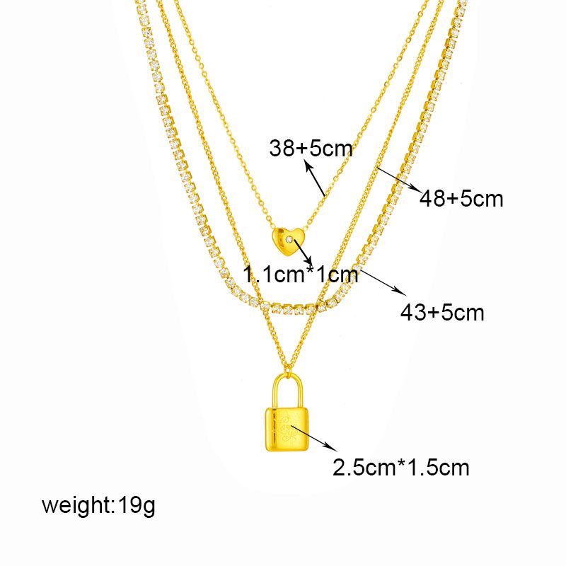 Stainless Steel Large Lock Pendant 3in1 Zircon Crystal Necklace