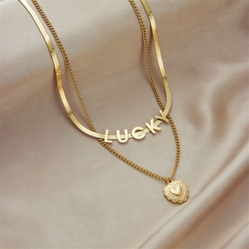 Stainless Steel Gold Finish Lucky Heart Multi-Layer Necklaces