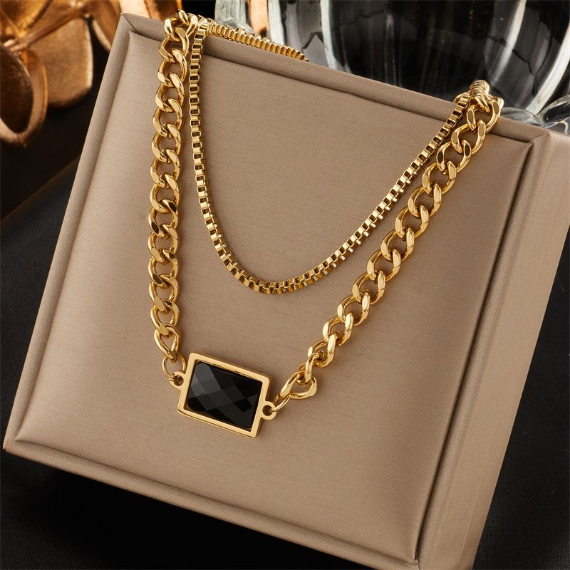Stainless Steel Gold Finish Multilayer Square Crystal Necklace
