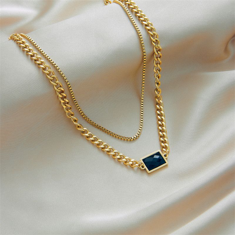 Stainless Steel Gold Finish Multilayer Square Crystal Necklace