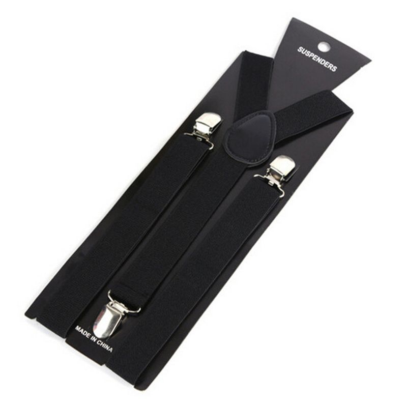 Unisex Black Elastic Leather Trim Adjustable Suspender
