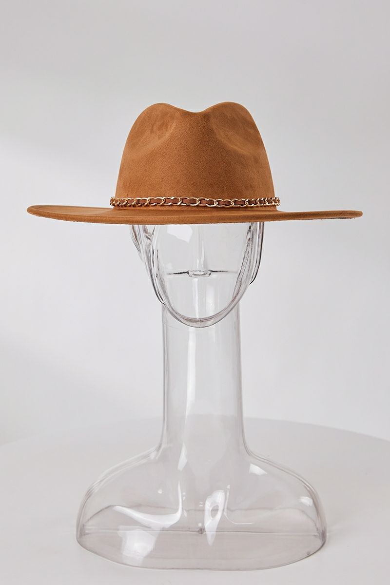 Brown Chain Decor Suede Top Fedora Hat