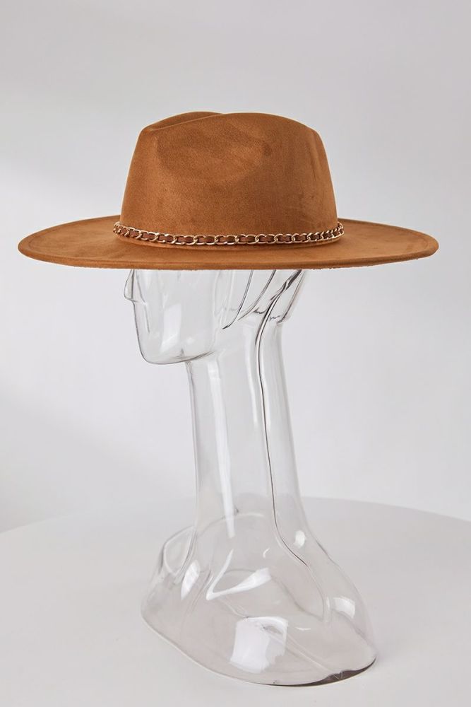Brown Chain Decor Suede Top Fedora Hat
