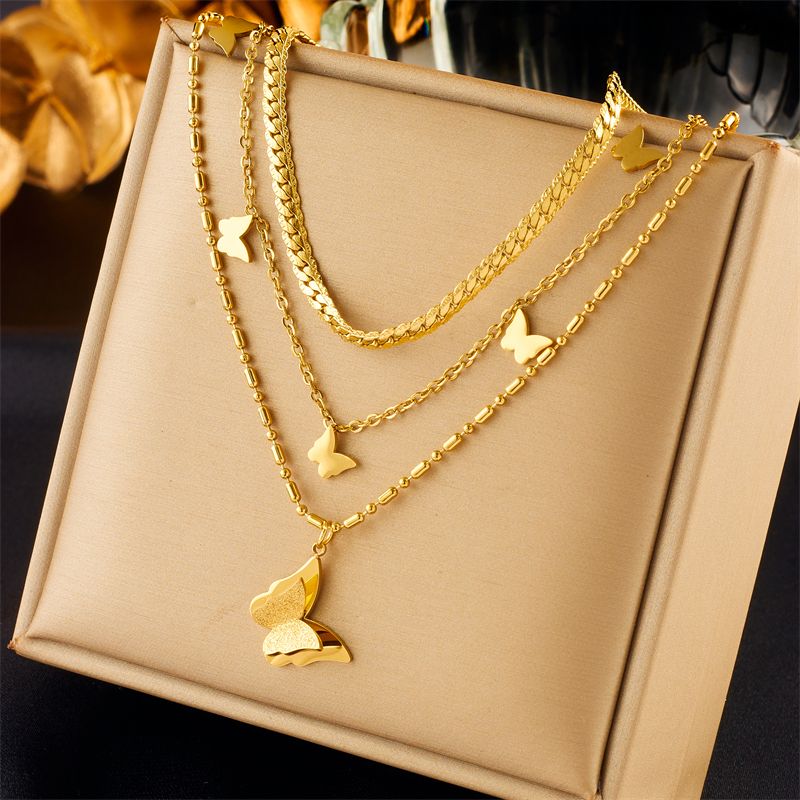 Stainless Steel Gold Finish Multilayer Butterfly Pendant Necklace