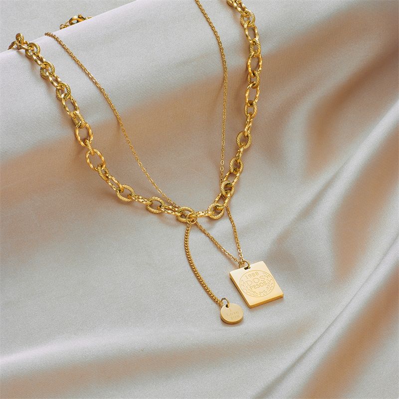 Stainless Steel Gold Finish 2Layer Square Pendant Necklace