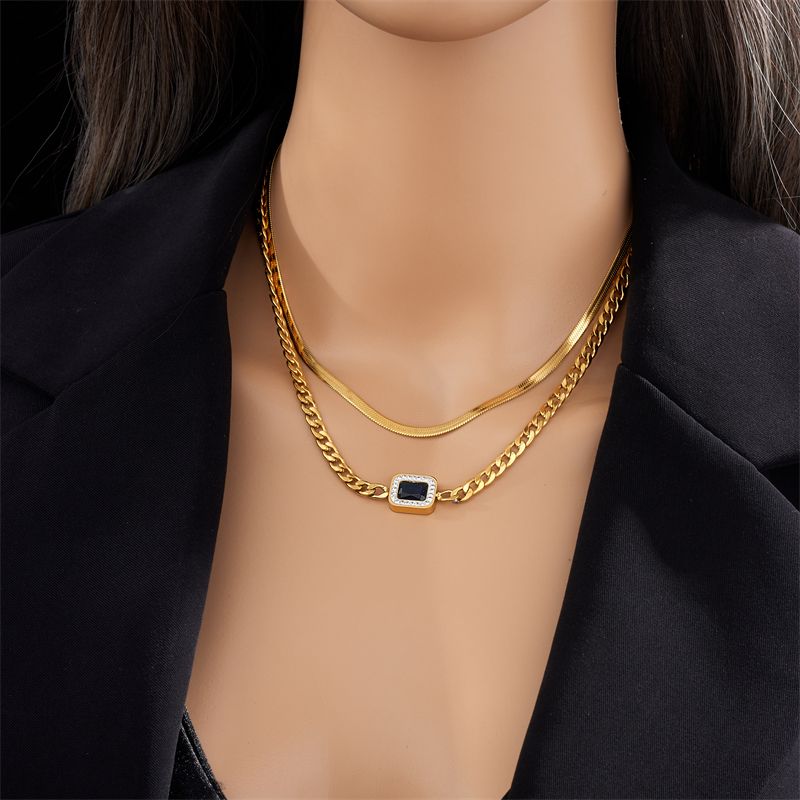 Stainless Steel Gold Finish Square Blue Zircon Pendant Necklace