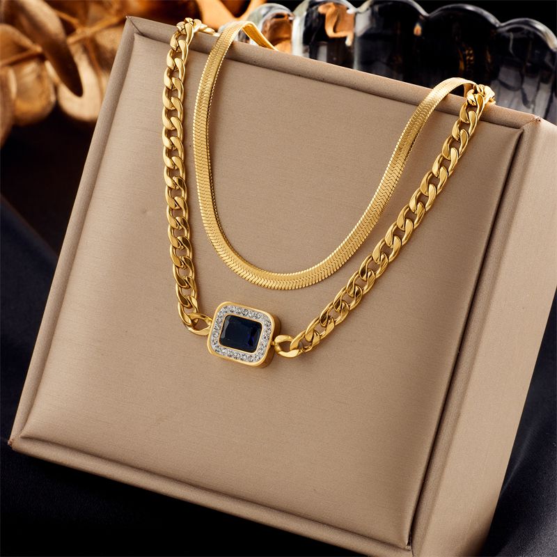 Stainless Steel Gold Finish Square Blue Zircon Pendant Necklace