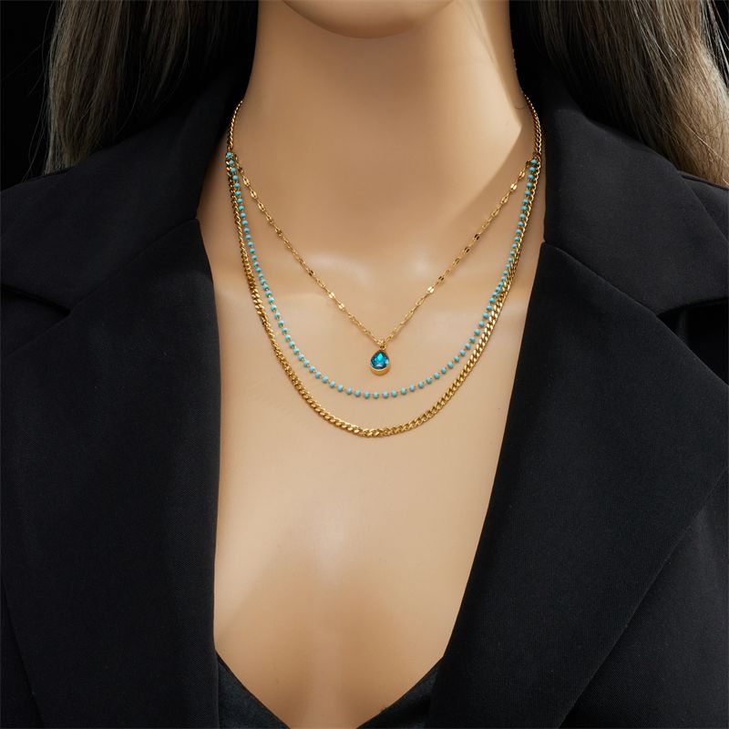 Stainless Steel Blue Water Drop Crystal Pendant Necklace