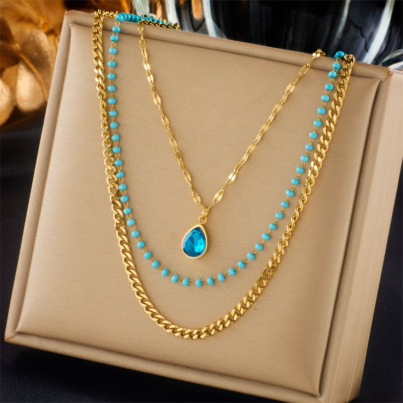 Stainless Steel Blue Water Drop Crystal Pendant Necklace