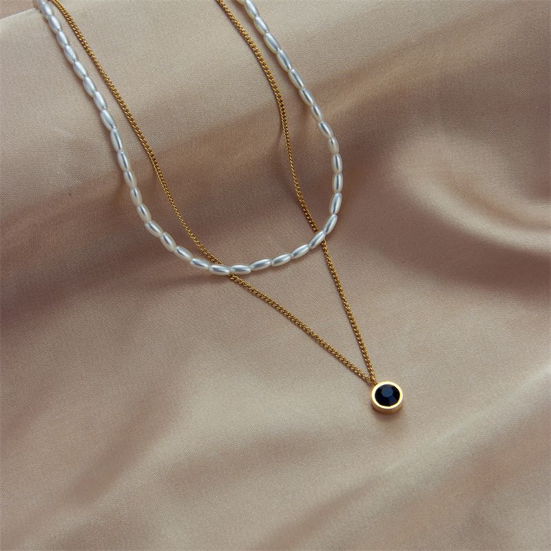 Stainless Steel Gold Finish/Pear 2-Layer Necklaces