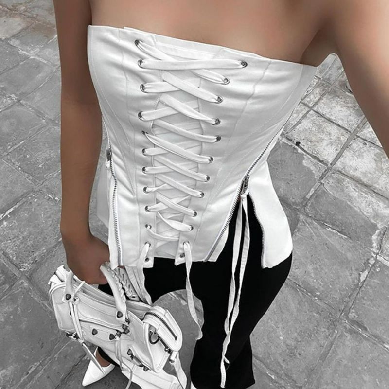 Size: ML White Corset Lace-Up Top