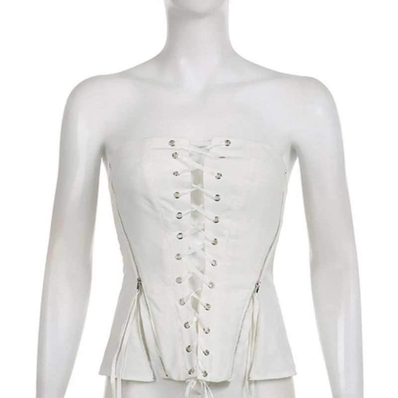 Size: ML White Corset Lace-Up Top