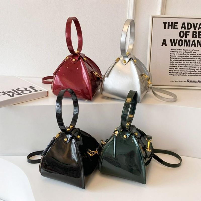 Glossy Pu Zip-Up Shoulder Handbag