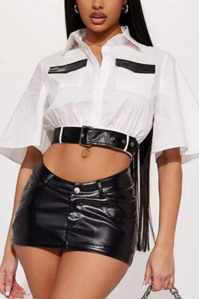 White Non-Stretch Pu Leather Trim Adjustable Buckle Crop Blouse Size: SM
