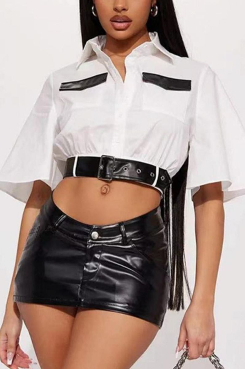 White Non-Stretch Pu Leather Trim Adjustable Buckle Crop Blouse Size: L