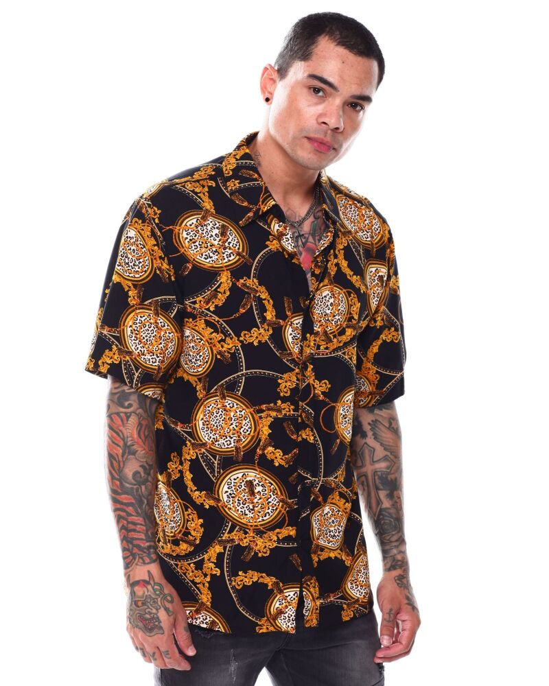 Printed Short Sleeve Rayon Woven Shirt Size: XL