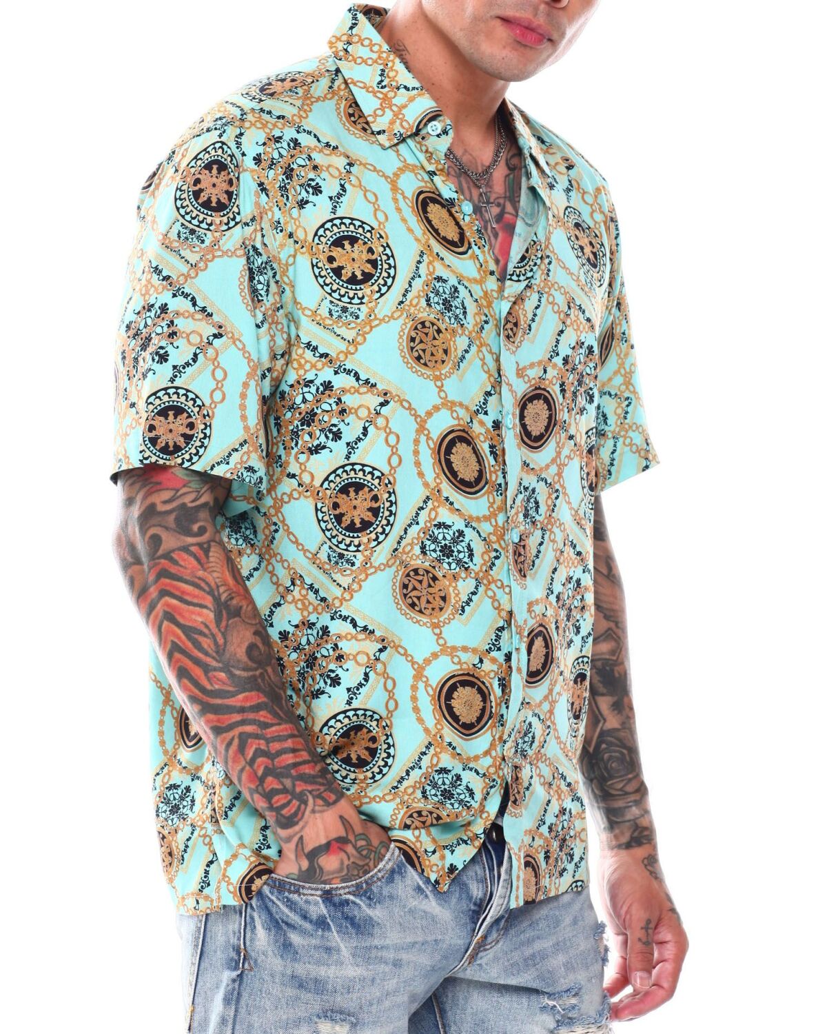 SAUSALITO All-over Print Short Sleeve Rayon Shirt Made in USA Men's L /eaa450247