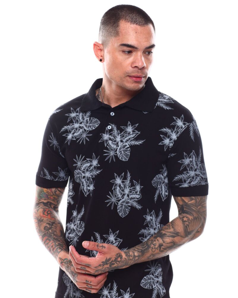 All Over Print Black Polo Shirt Size: L