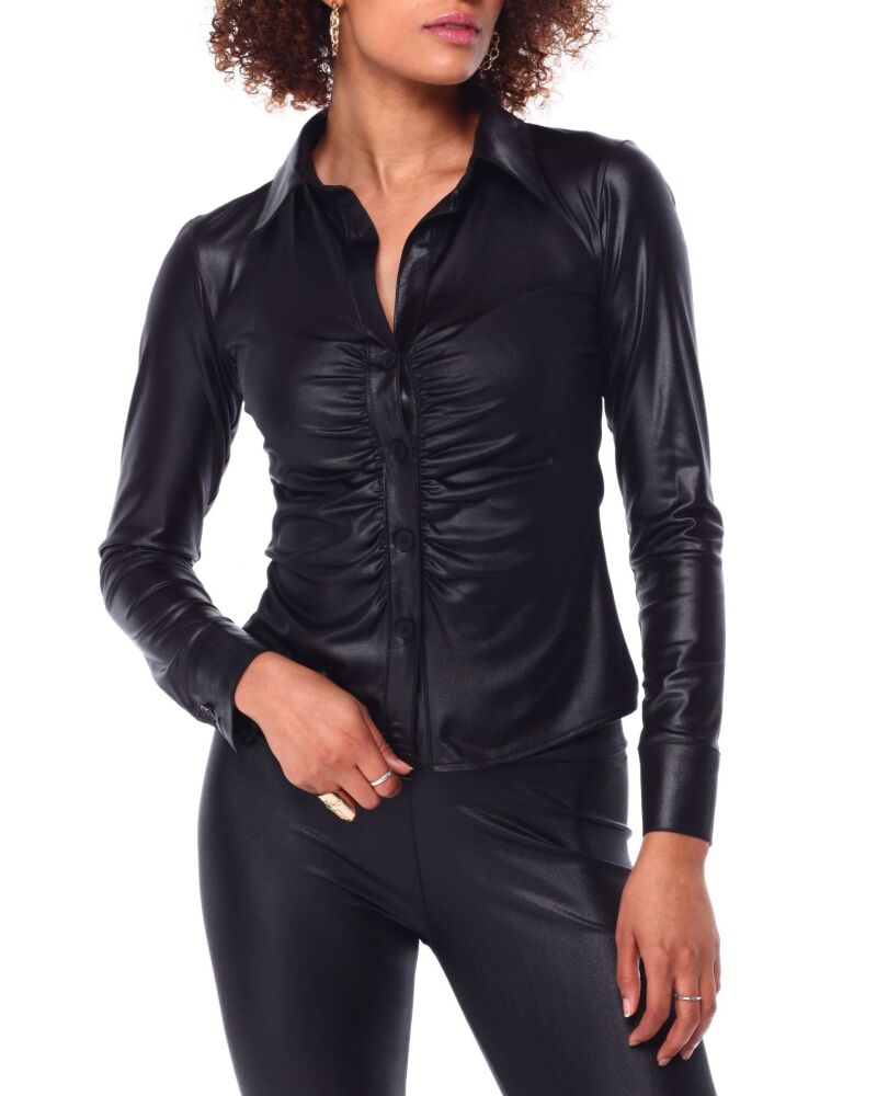Black Faux Leather Long Sleeve Button Top