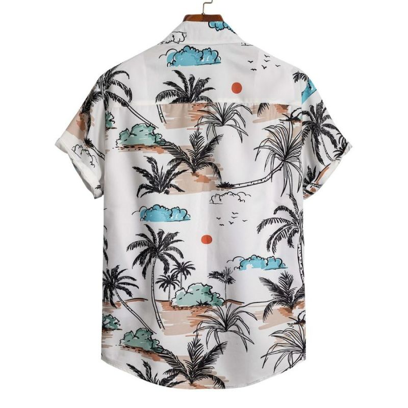 Coconut Tree Print Non-Stretch Short-Sleeved Shirt Size: L