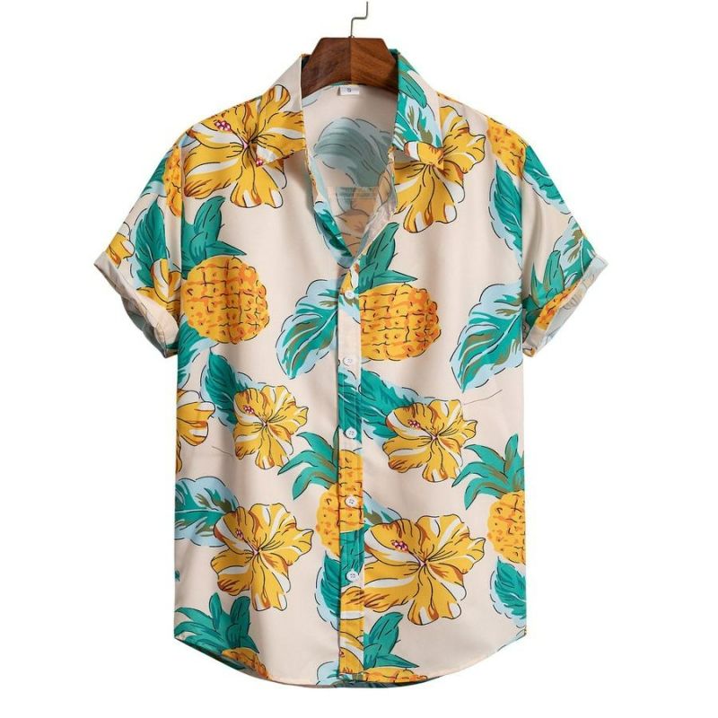 Casual Non-Stretch Pineapple Print Short Sleeve Shirt Size: 1XL