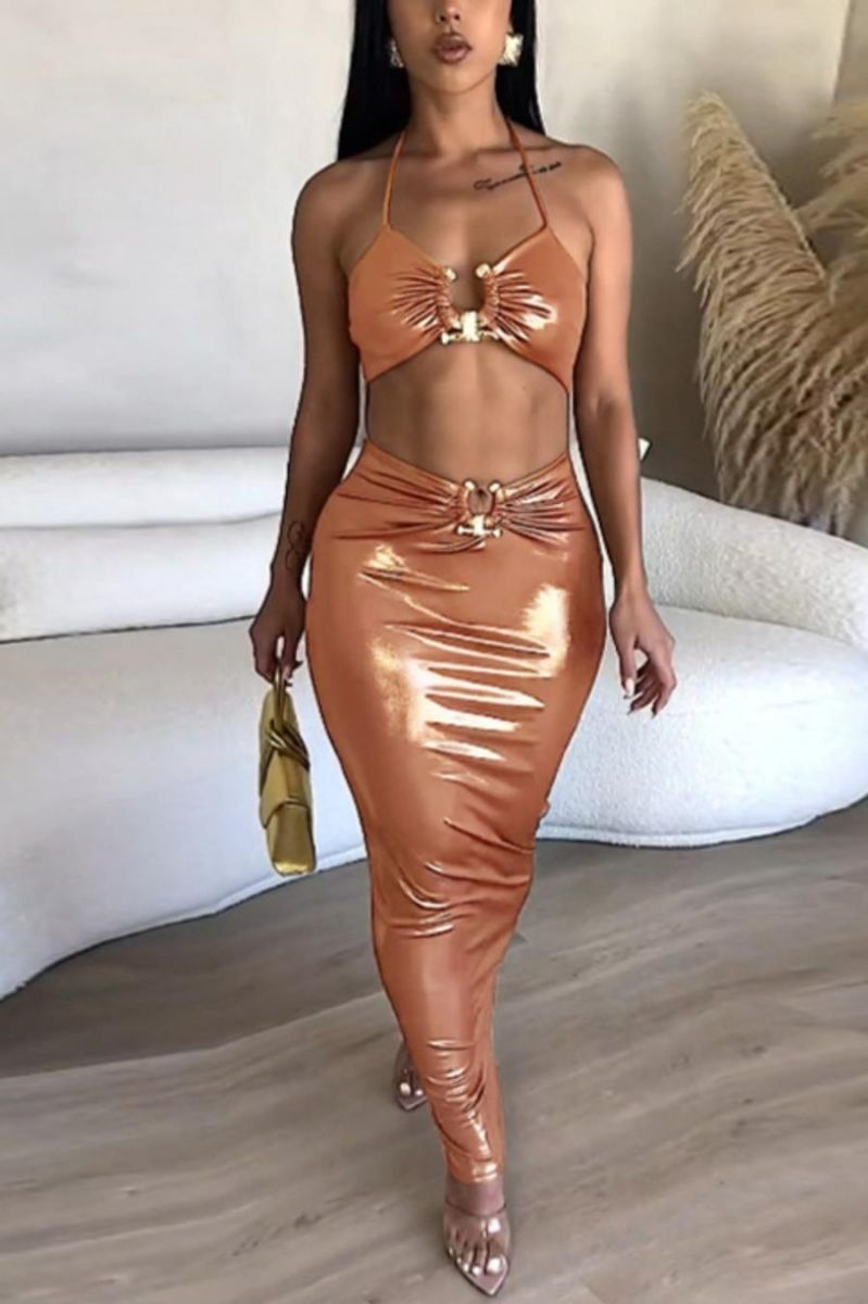 Holographic Stretch Metallic Ring Linked Bodycon Maxi Dress Size: L
