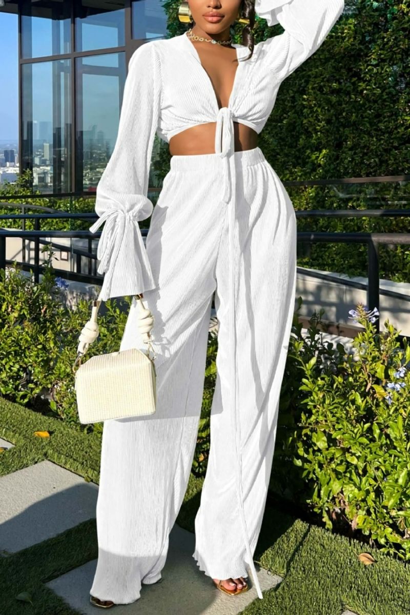 White Stretch Off-The-Shoulder Ruffle Long Sleeves Skirt Set Size: L