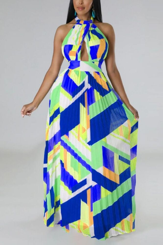 Blue Stretch Print Halter-Neck Pleated Maxi Dress Size: 1XL #DT54493