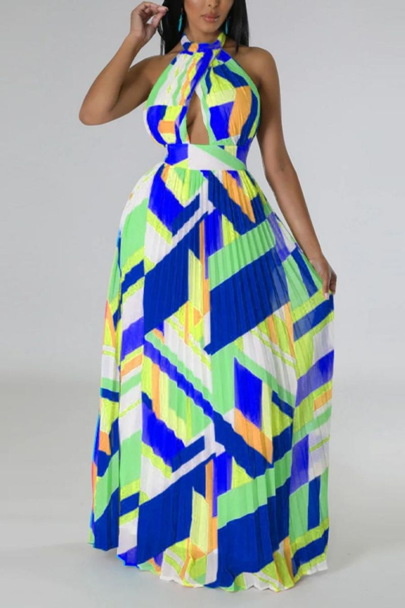 Blue Stretch Print Halter-Neck Pleated Maxi Dress Size: 1XL