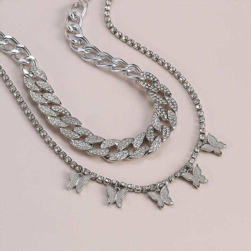 Silver Two Pc Set Hip Hop Rhinestone Butterfly Necklace