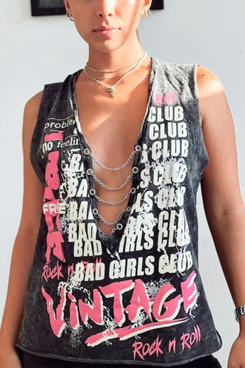 Letter Print Metal Chain Decor Tank Top