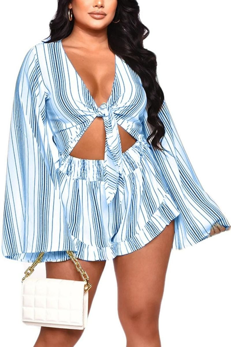 Sky Blue Stripe Print Lace-Up Short Set Size: 1XL