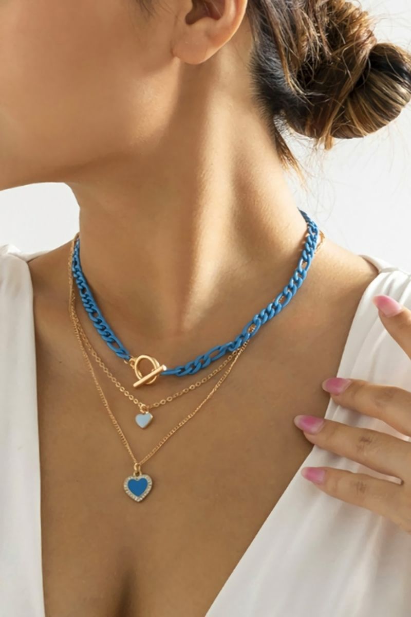 3 Pc Set Heart-Shape Pendant Rhinestone Necklace (Length: 40cm 7cm)