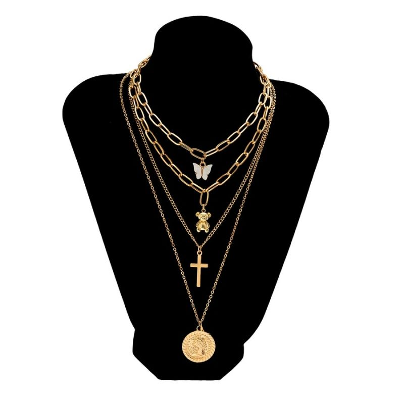 Gold Chain Bow/Cross Pendant Necklace SKU: GCBCPN-4LN