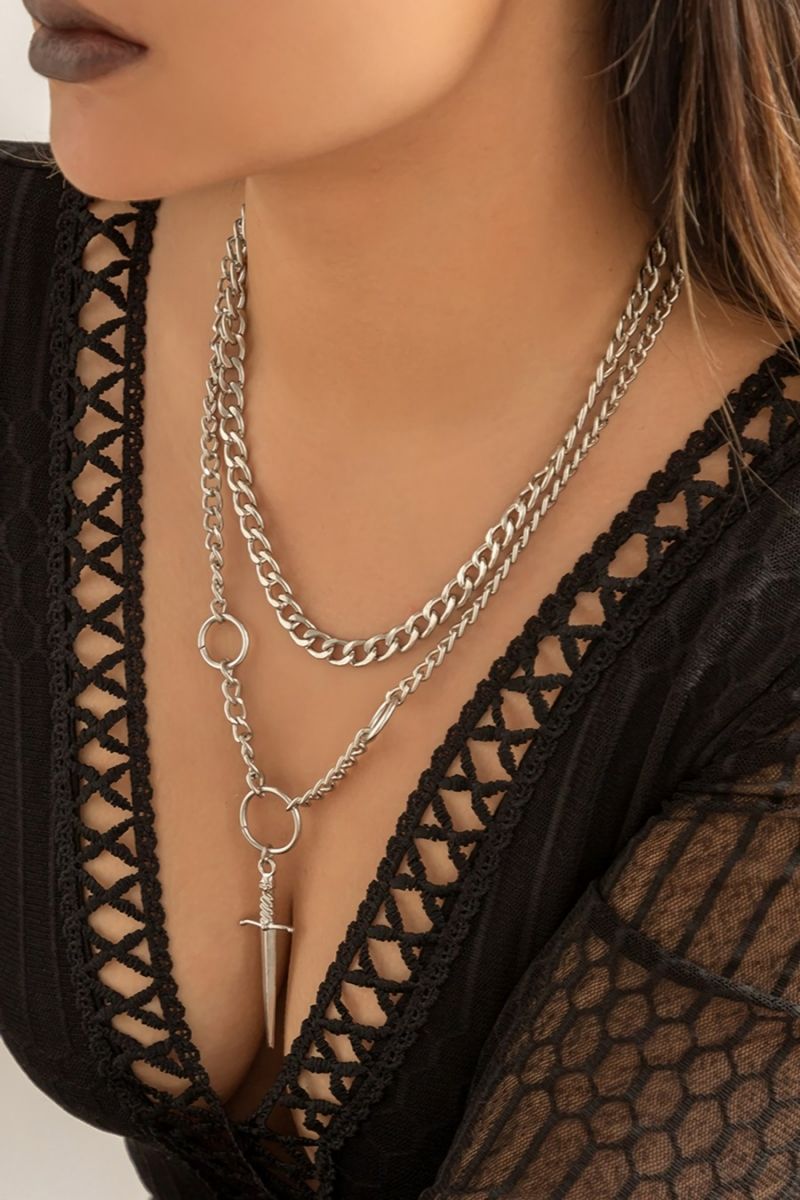 Silver 2 Pc Set Chain Cross Sword Shaped Necklace (Length: 55cm 7cm)