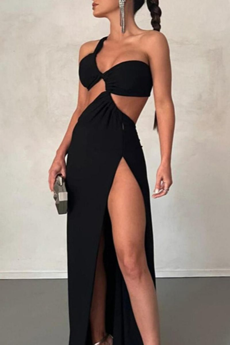 Black One Shoulder High Split Maxi Dress Size: L