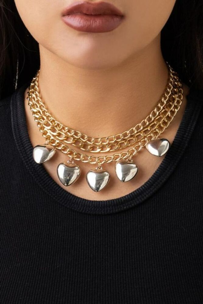 3 Pc Set Gold Metal Chain Heart Shape Pendant Choker Necklace (length: 35 7cm)