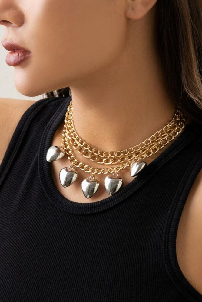 3 Pc Set Gold Metal Chain Heart Shape Pendant Choker Necklace (length: 35 7cm)