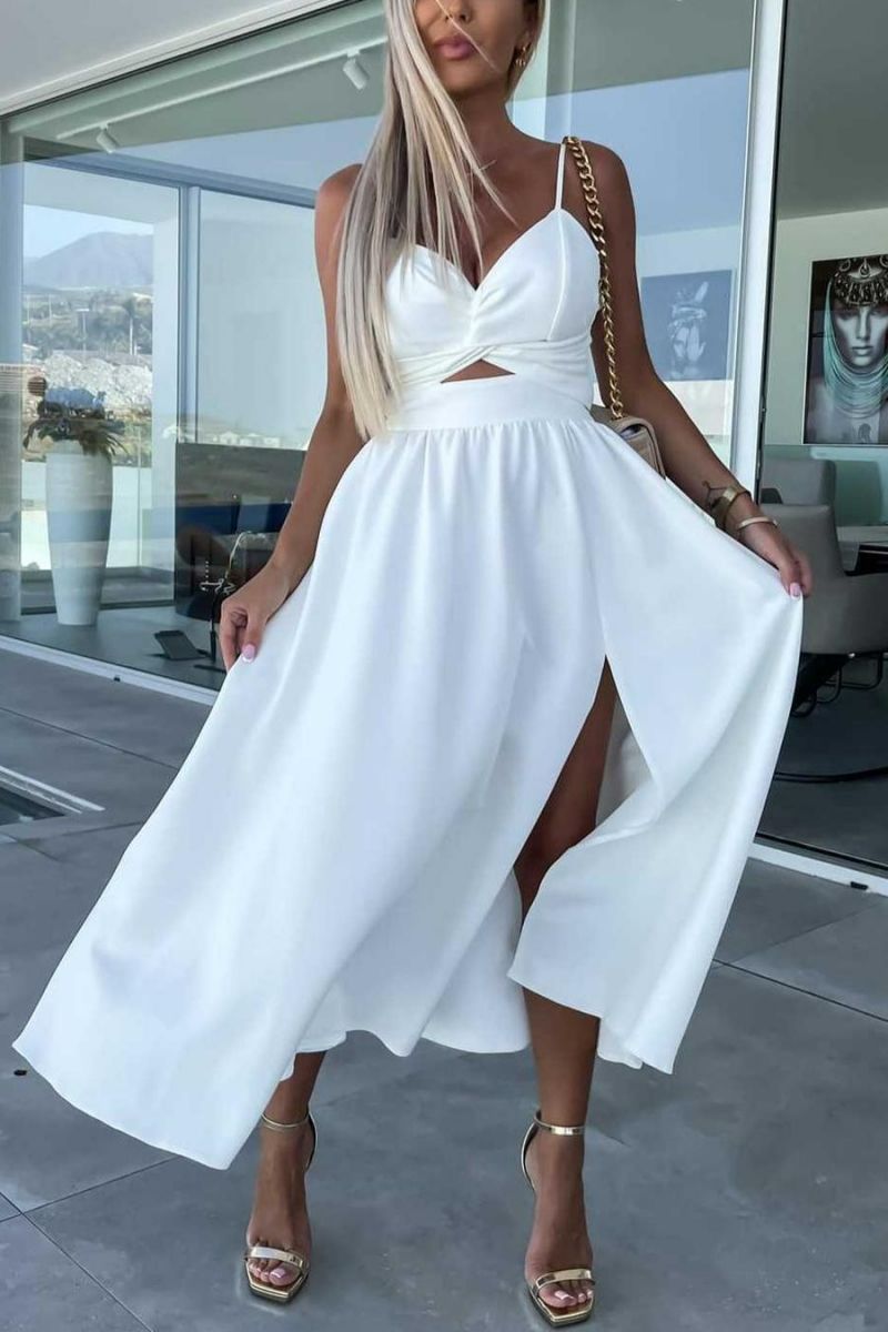 White Non-stretch Backless Midi Dress Size: 1XL