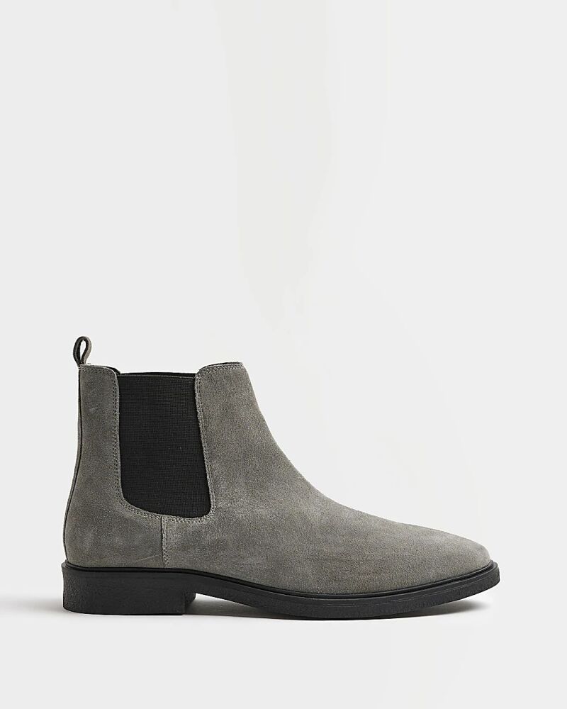River Island Grey Wide Fit Suede Chelsea Boots