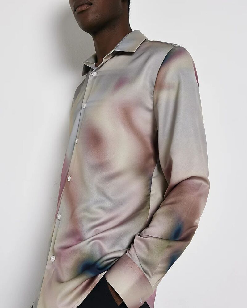 River Island Grey Slim Fit Print Long Sleeve Shirt Size: L