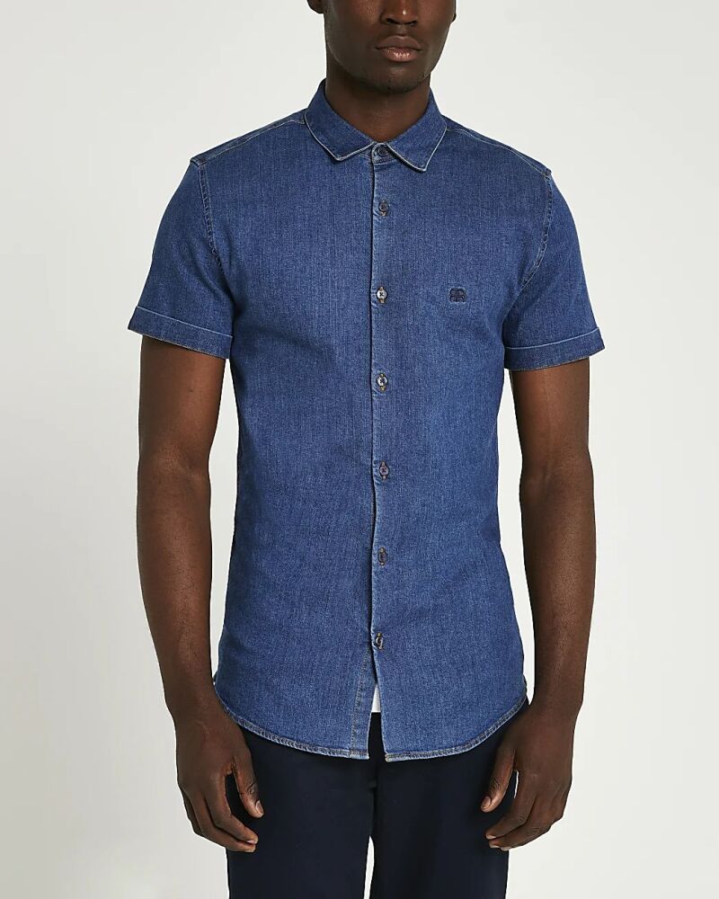 River Island Blue Muscle Fit Short Sleeve Denim Shirt Size M