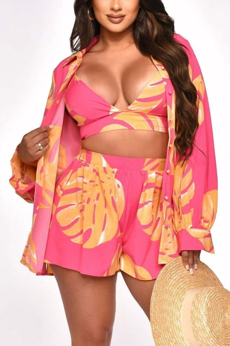 Tropical Leaves Print Three-Piece Shorts Set Size: 1XL