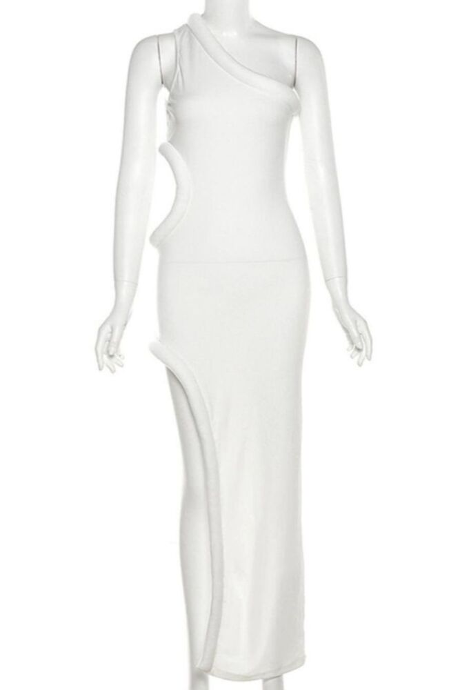 Size: ML White Stretch One Shoulder Maxi Dress SKU: WSOS-MD-DML