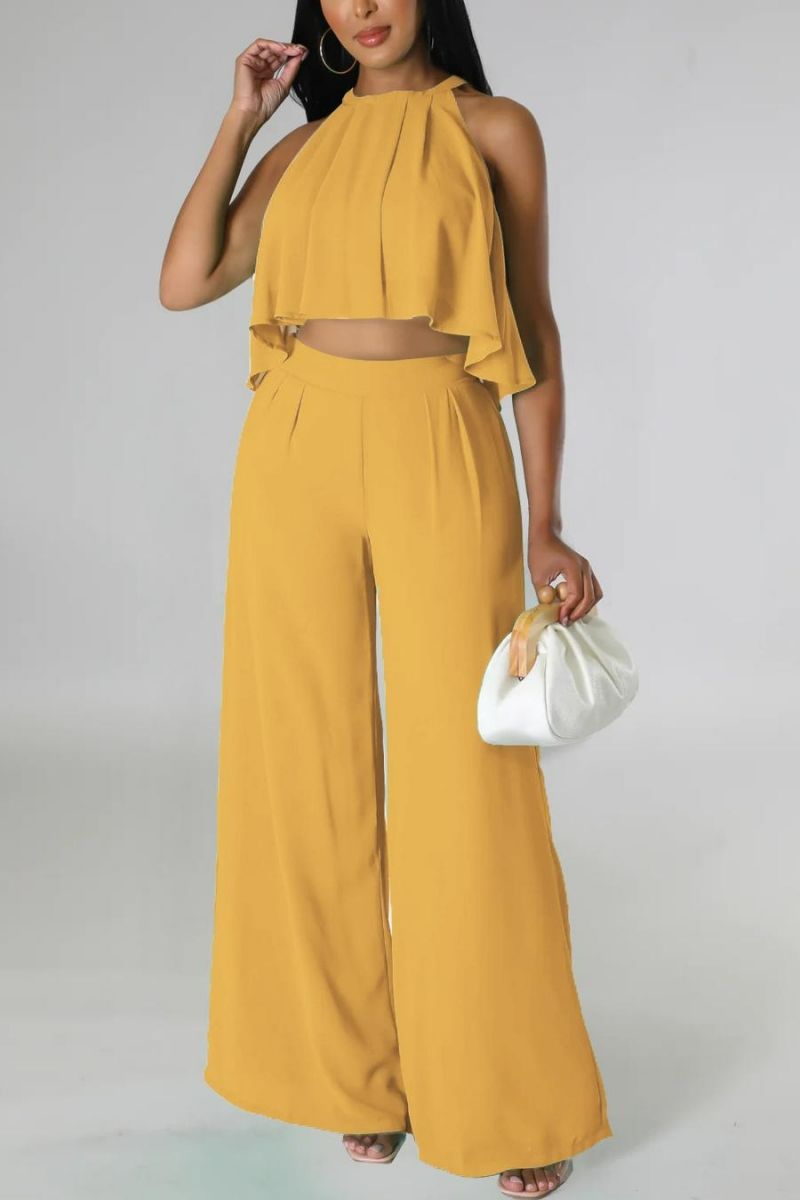 Mustard Non-Stretch Chiffon Halter-Neck Pants Set Size: L