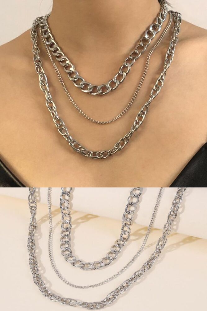 Silver Set Metal Chain Necklace (length:37cm) SKU: SSMCN-3PCN