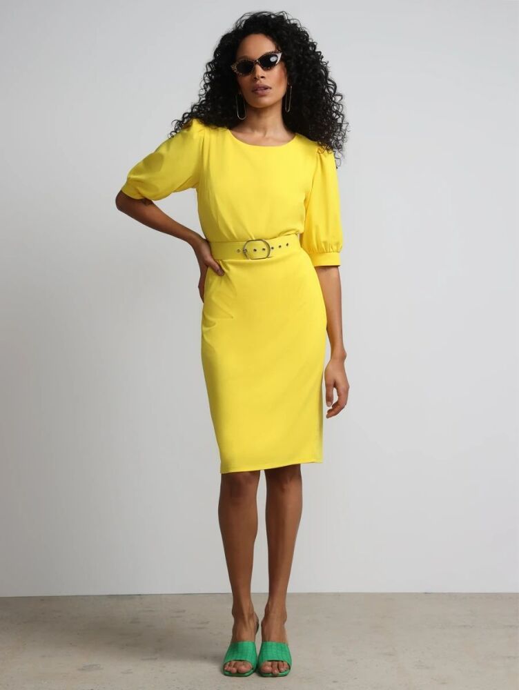 Yellow Puff-Sleeve Belted Sheath Dress Size: L Size: CACAT9
