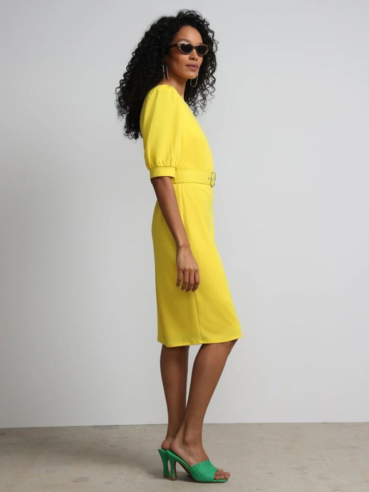 Yellow Puff-Sleeve Belted Sheath Dress Size: L Size: CACAT9