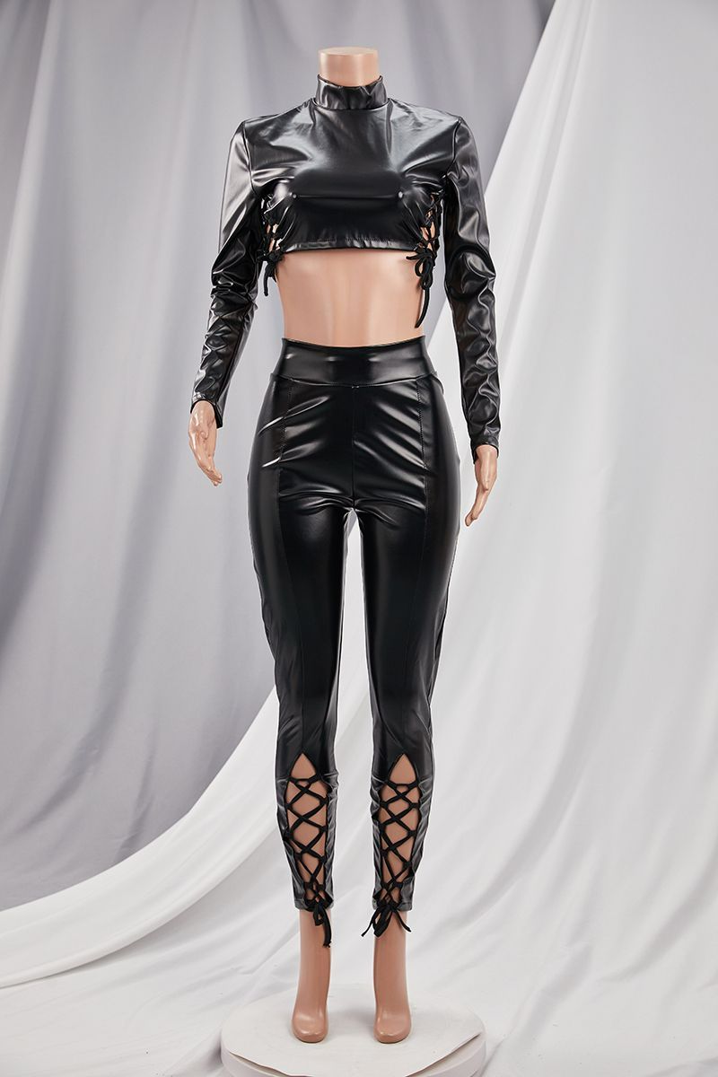 Black Slim Fit Lace-Up PU-Leather Top Size: M